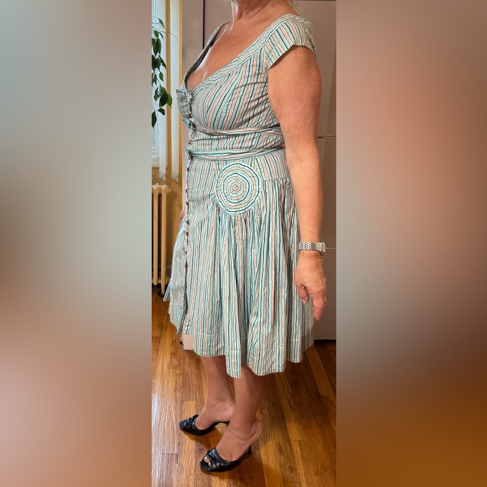 Anthropologie Blue and White A-Line Dress with Pleated Smocked Details size 10